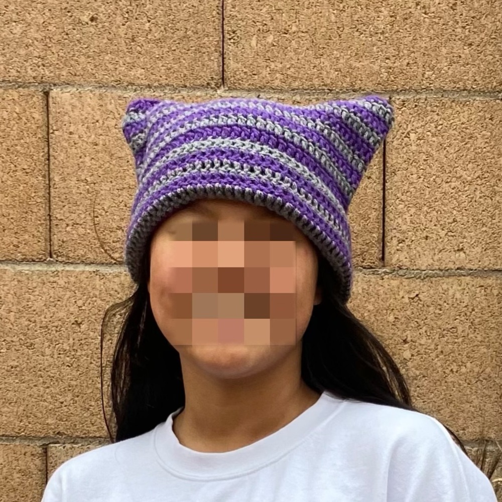 New Handmade Purple and Gray Crochet Stripe Cat Ear Beanie Hat Women